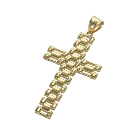 10K yellow gold watchlink cross pendant with chain-link textured design