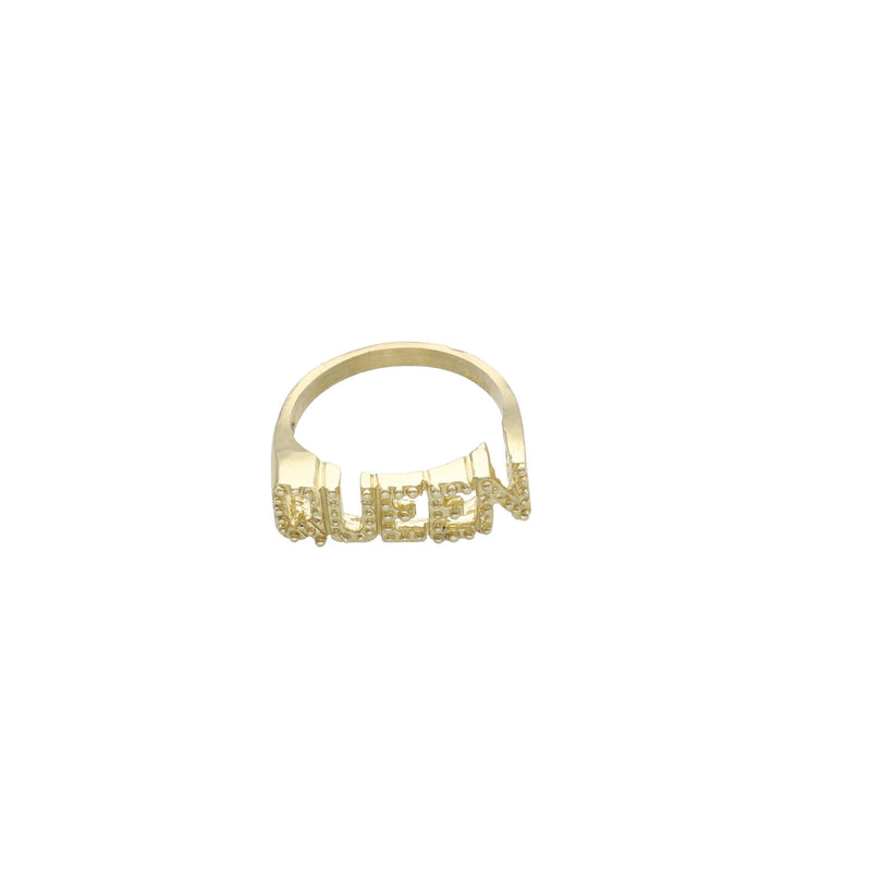 Royal Yellow 10 Karat Gold Queen Ring featuring a luxe 2025 jewelry design with "queen" inscribed and a smooth, stone-free finish, set against a white background.