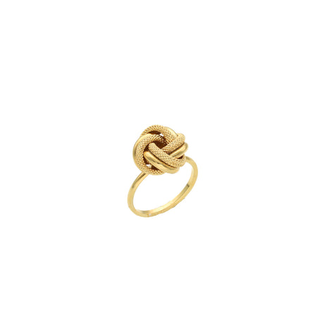 A 10 karat gold yellow gold ring with a textured knot design, displayed against a white background.