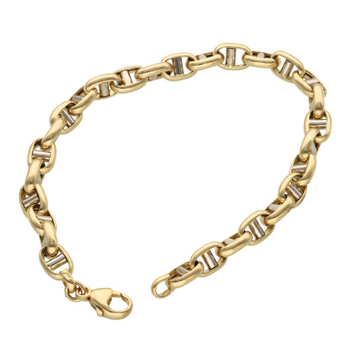 10 Karat two tone gold puffed mariner link bracelet, 6.3mm width, laying on a white background