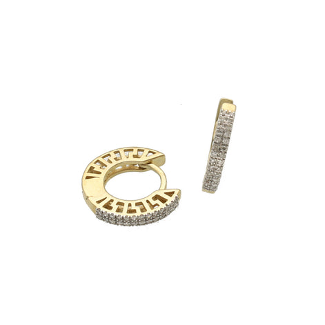 A pair of 10 karat gold hoop earrings with a diamond maze design, totaling 0.12 carats in weight.