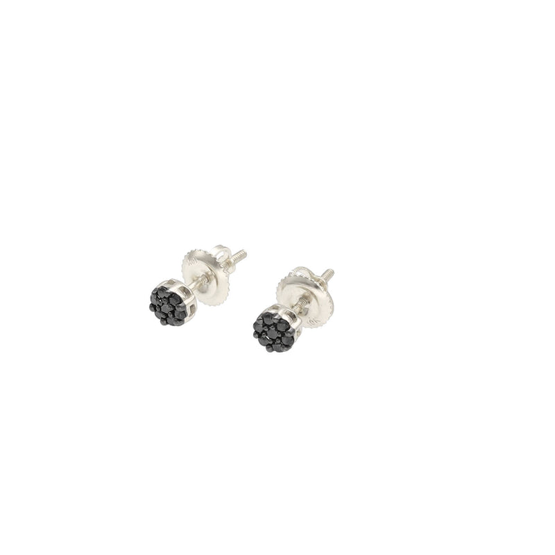 A pair of 10 karat white gold screw back stud earrings with black diamond flower accents.