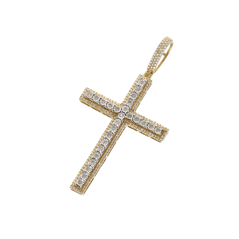 Angled front view of 10K yellow gold 0.50 CTW natural diamond cross pendant showing diamond-cut setting