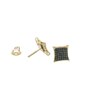 Side view detail of a 10K gold black diamond stud earring showing the screw back post and butterfly clutch