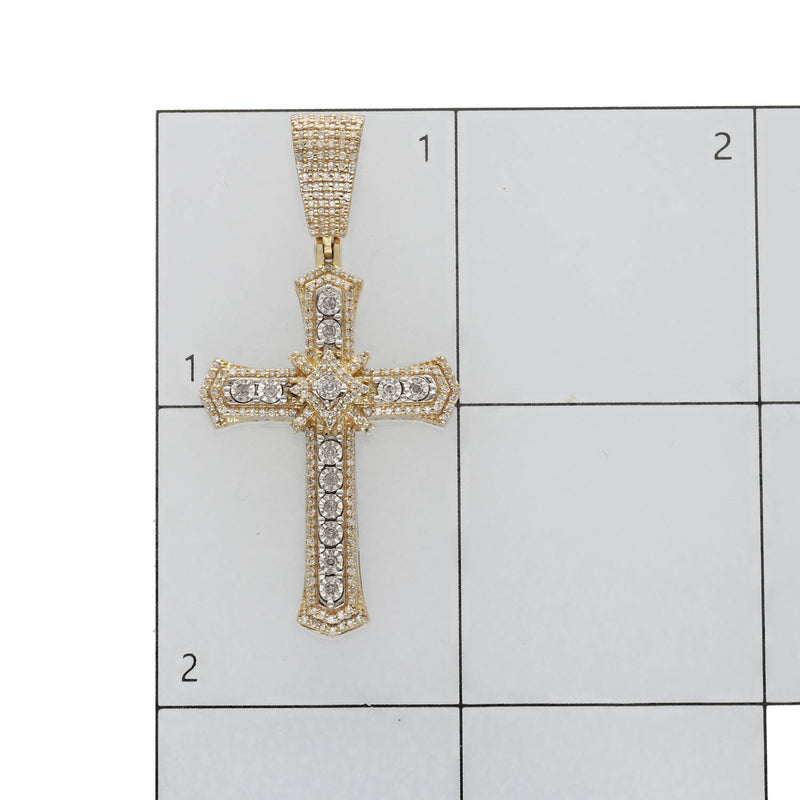 10K yellow gold natural diamond cross pendant shown on measurement grid scale verifying 44.2 mm height and 22 mm width