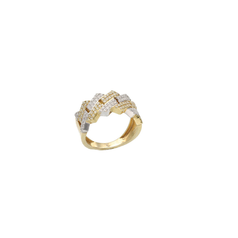 Side profile of a 10K two-tone gold men's ring featuring a geometric edge Cuban link design with round natural diamonds