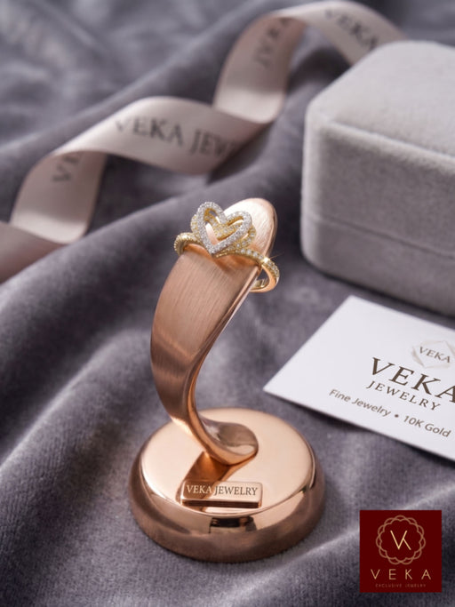 10K Gold Diamond Heart Promise Ring 0.18 CTW on professional rose gold display with VEKA JEWELRY branding and jewelry box