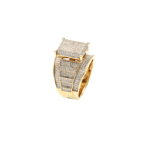 Side profile of a 10K yellow gold diamond ring showing the thick, decorative band and the elevated square-shaped diamond pave cluster.
