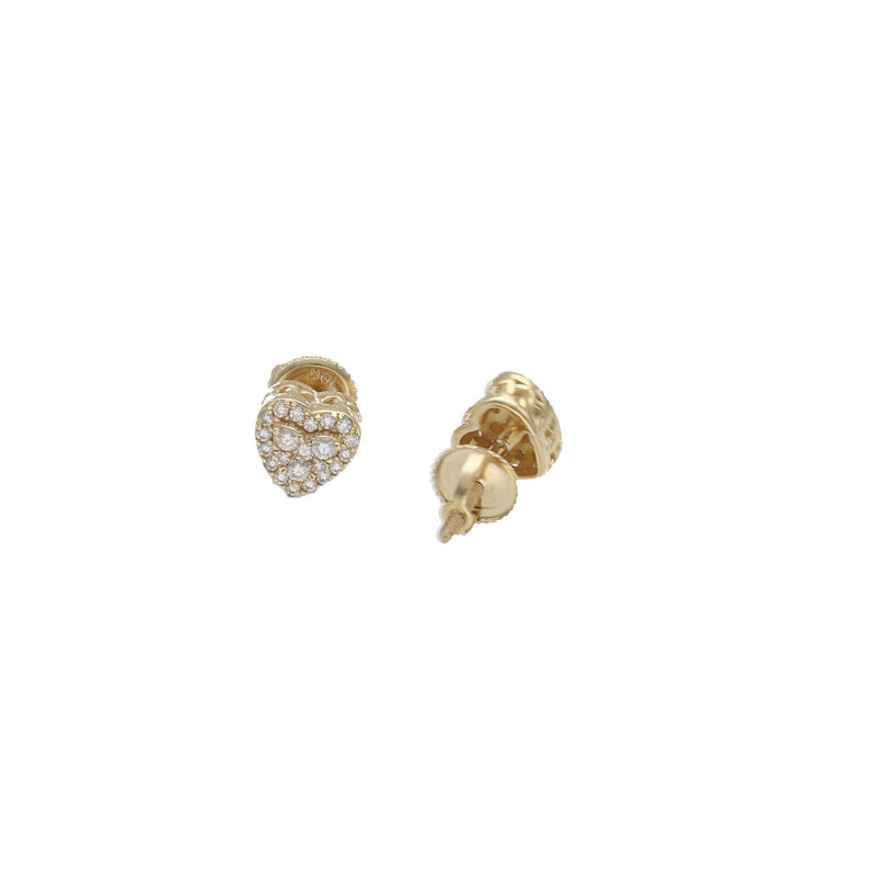 Close-up of 10K yellow gold moissanite heart earring and its secure screw back backin