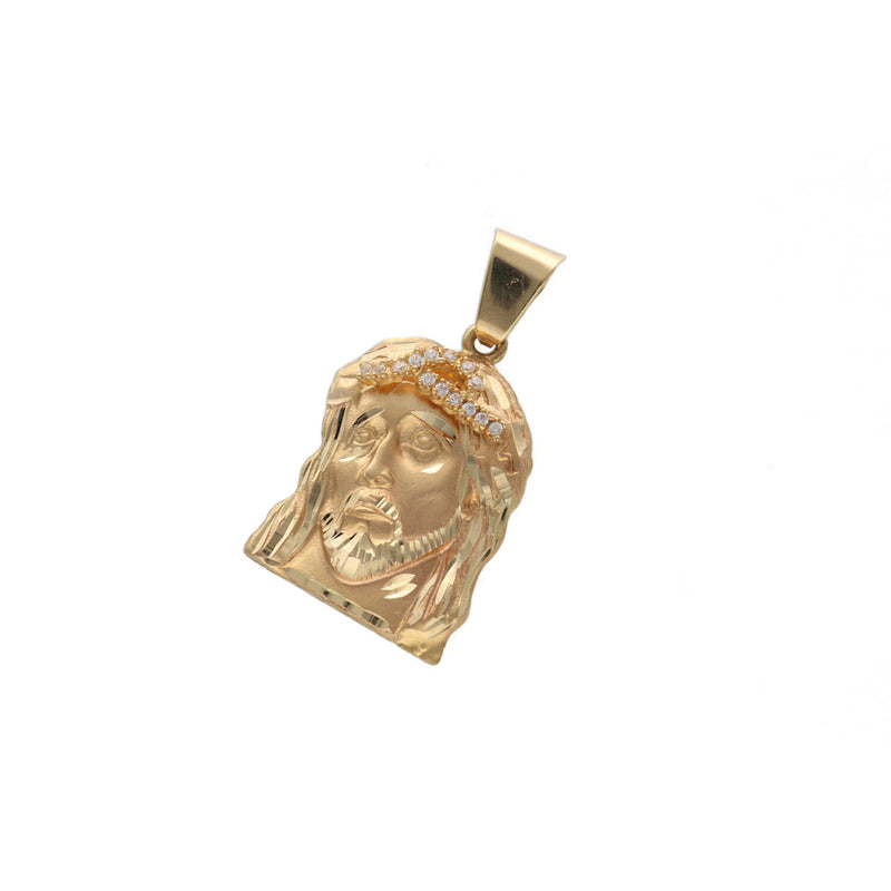 Angled front view of solid 10K yellow gold Jesus head pendant showcasing matte satin facial finish and sparkling cubic zirconia stones.