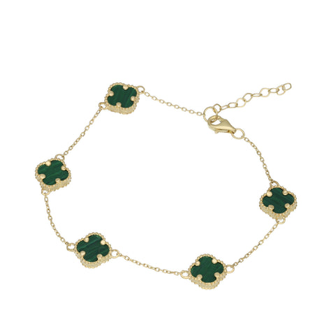 Top-down view of a 10k yellow gold rolo chain bracelet featuring five green malachite clover charms and a lobster clasp.