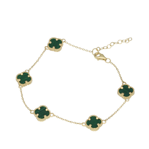 Top-down view of a 10k yellow gold rolo chain bracelet featuring five green malachite clover charms and a lobster clasp.