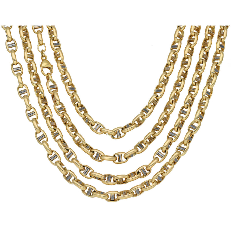 Layered 10K yellow and white two-tone gold mariner link chains showing 22 24 and 26 inch lengths