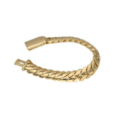 Front perspective view of an open 12mm solid 10K yellow gold Marquise Double Cuban link bracelet featuring a custom coffin lock box clasp.