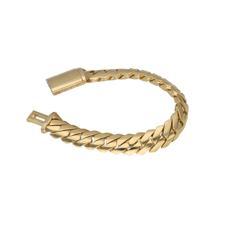 Front perspective view of an open 12mm solid 10K yellow gold Marquise Double Cuban link bracelet featuring a custom coffin lock box clasp.