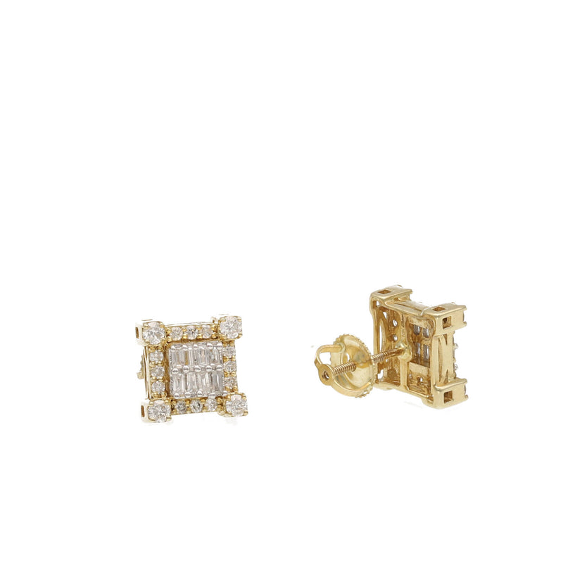 Detailed close-up of solid 10K yellow gold square diamond studs showing the back construction and high-security screw-on backing