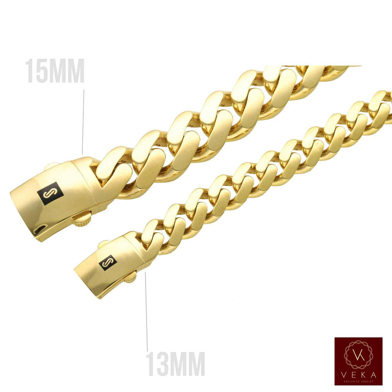 A Macro view of two Yellow 10K gol Monaco Plain bracelets with the safe clasp to the costumer to see the difference between 15MM and 13MM.