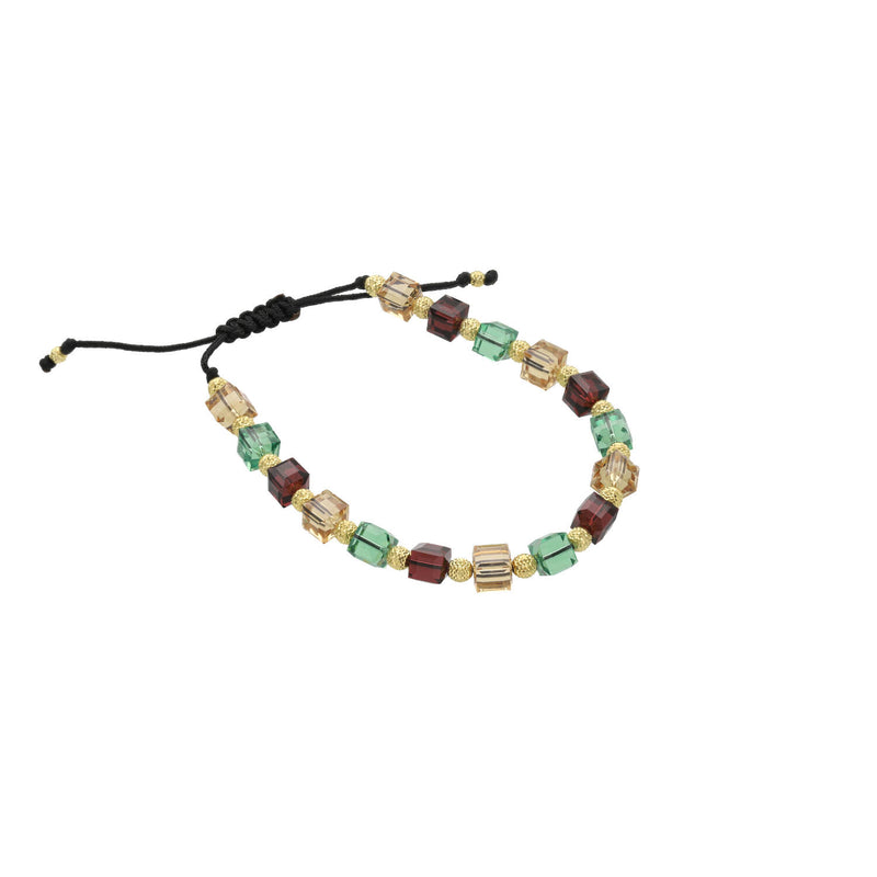 10K yellow gold multicolor Swarovski crystal adjustable macrame bracelet with green, amber, and brown crystals