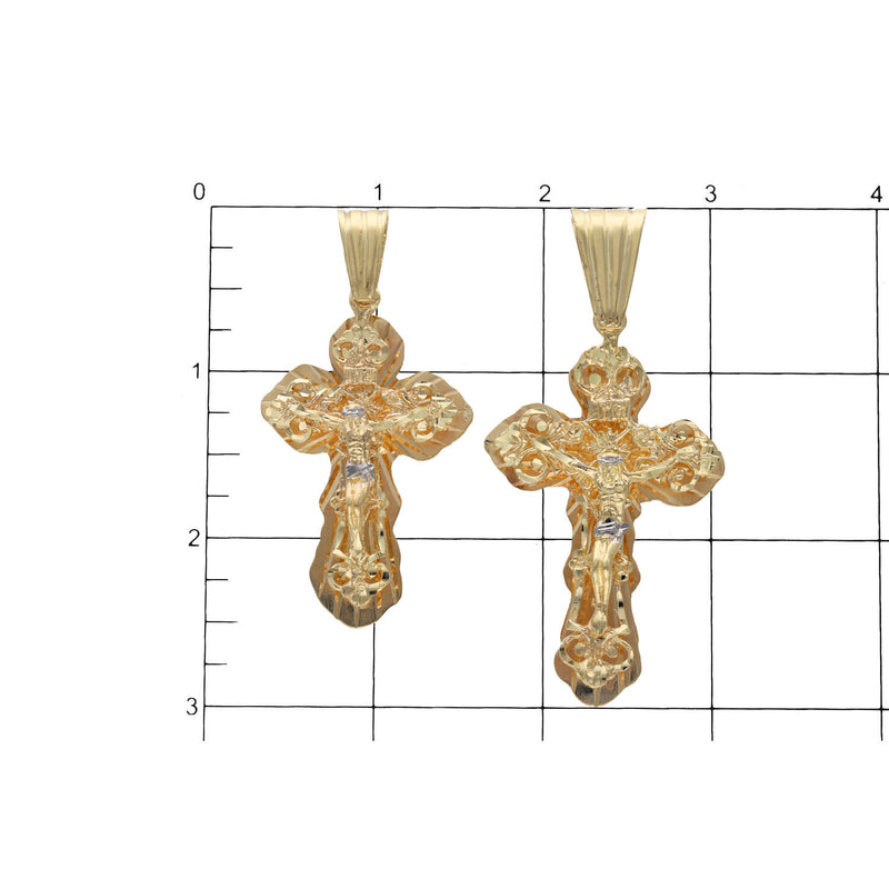 Size comparison between 64mm and 75mm 10K yellow gold nugget crucifix pendants on measuring grid