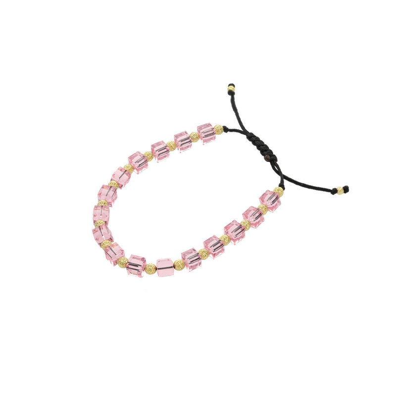 10K yellow gold pink Swarovski crystal adjustable macrame bracelet with diamond-cut gold beads