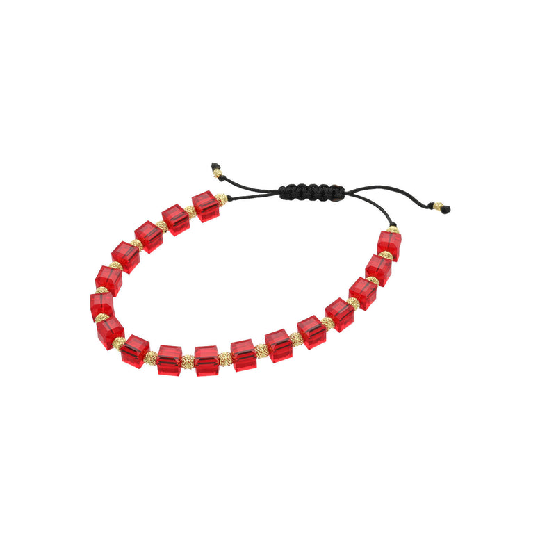 10K yellow gold red Swarovski crystal adjustable macrame bracelet with sparkling rectangular stones