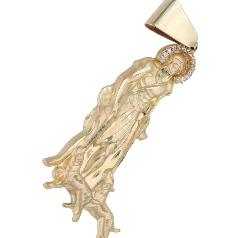 Detailed, angled side view of the VEKA Jewelry 10K Solid Yellow Gold St. Lazaro (San Lazaro) pendant featuring a halo of clear CZ stones