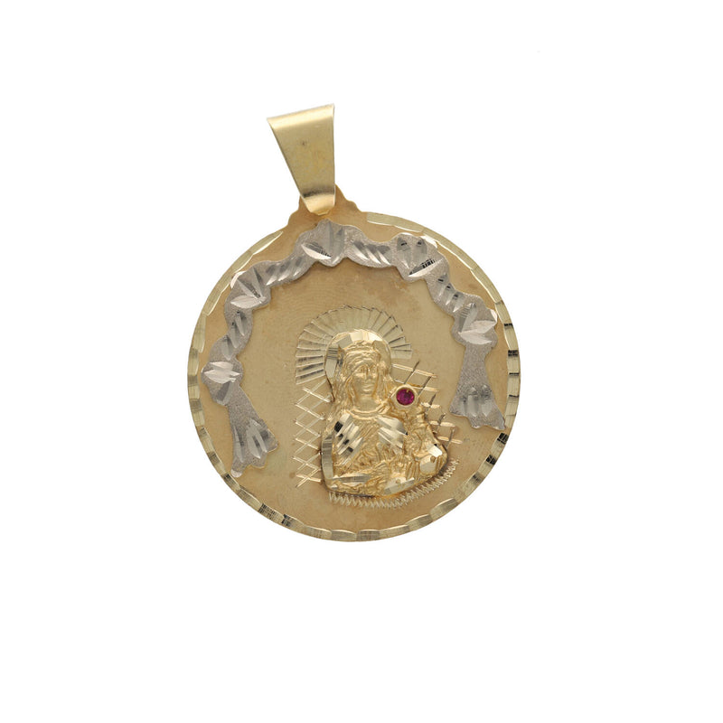 Detailed front view of 10K solid gold Santa Barbara medal with diamond-cut white gold border and red ruby CZ stone