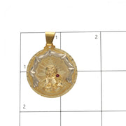 Size chart and dimensions grid for the 10K gold Santa Barbara medal pendant showing 32 mm width and 43.1 mm total height