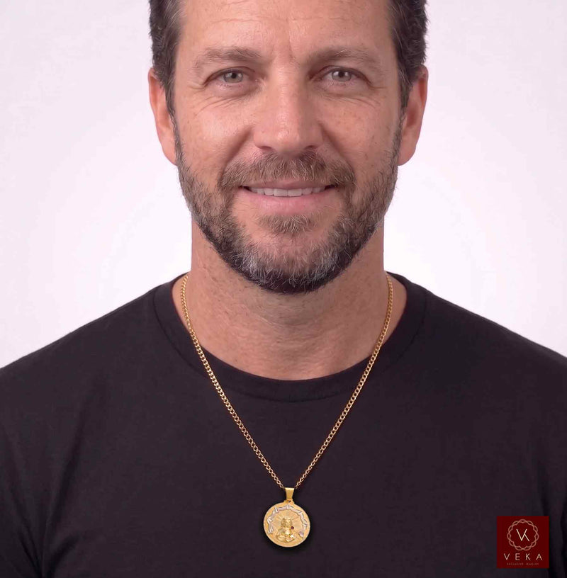 Front view of male model wearing the 10K two-tone gold Santa Barbara medallion pendant on a gold link chain by Veka Jewelry