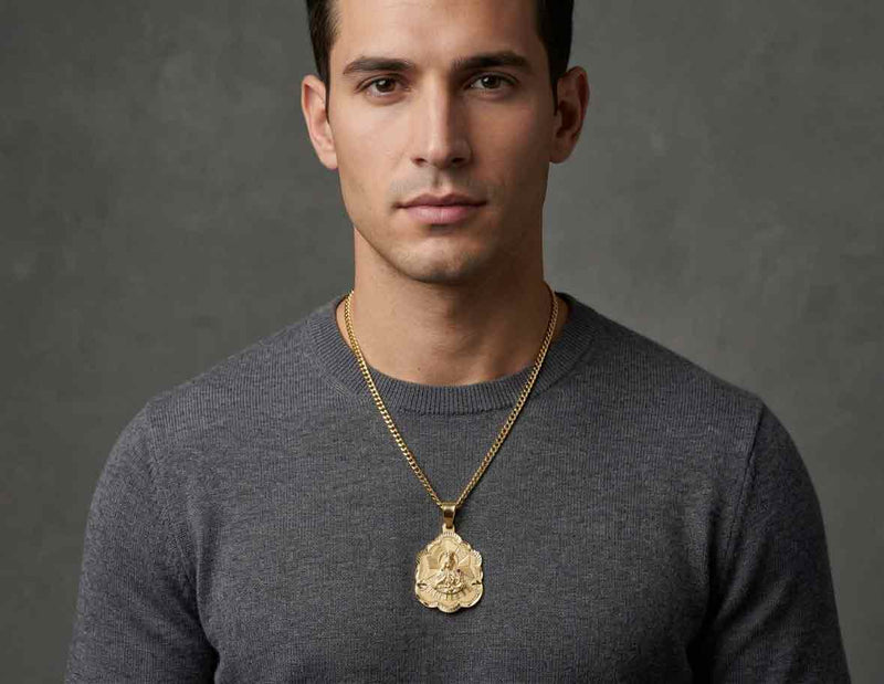 Man wearing 10K yellow gold Santa Barbara religious pendant necklace with Cuban chain