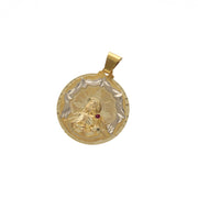 Detailed view of the diamond-cut relief and high-polish bail on the 10K two-tone gold Santa Barbara religious pendant by Veka Jewelry