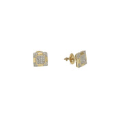 Side and profile view of men's 10K yellow gold square micro-pave diamond studs showing the secure threaded screw post