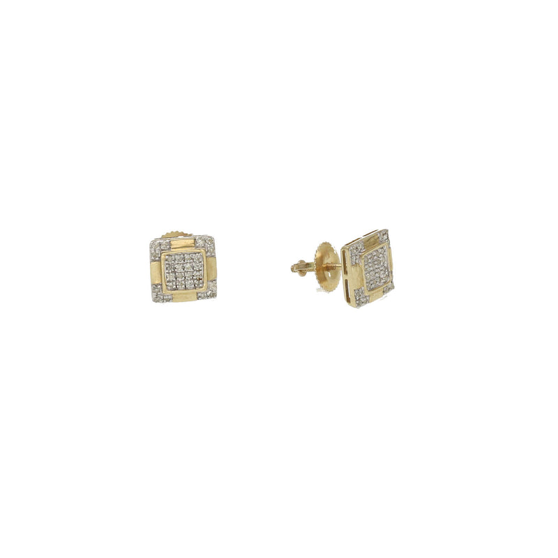 Side and profile view of men's 10K yellow gold square micro-pave diamond studs showing the secure threaded screw post