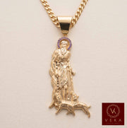 Full view of the VEKA Jewelry 10K Solid Gold St. Lazaro (San Lazaro) pendant with purple CZ stones, worn on a polished gold chain