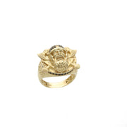 45 degree view of a mens ring with black stones accents,