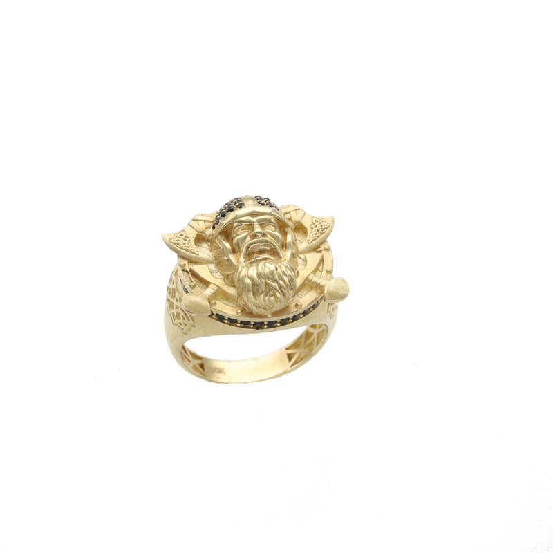 45 degree view of a mens ring with black stones accents,