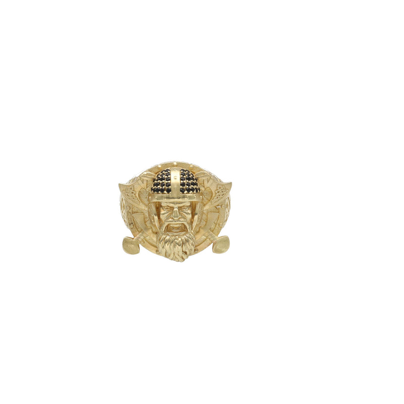 Front view of viking gold ring for men with black stones.