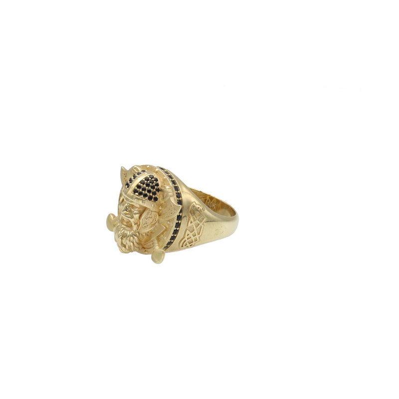 Side view of a Mens Gold Viking Ring with black stones on the helmet and around the base of the ring.