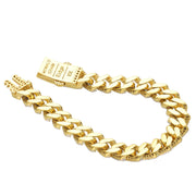 A plain, high-polish underneath of a 10K gold Miami Cuban link bracelet with an open box clasp, showing the base gold detail for the Monaco style