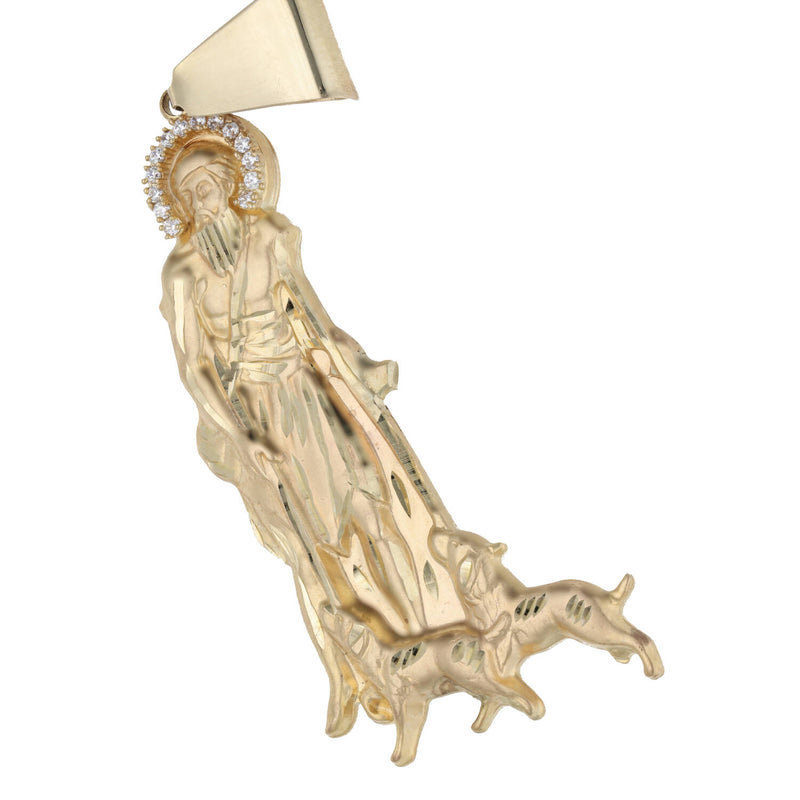 High-resolution close-up detail of the VEKA Jewelry 10K Solid Gold St. Lazaro (San Lazaro) pendant, showing intricate design and clear CZ halo