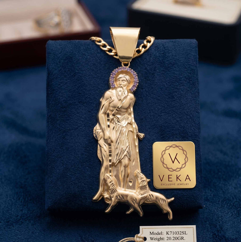 VEKA Jewelry 10K Solid Yellow Gold St. Lazaro (San Lazaro) pendant with a purple CZ halo, displayed on blue velvet.