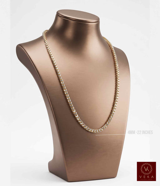 10K two tone gold diamond cut round Franco chain 4mm displayed on metallic bust | Veka Jewelry