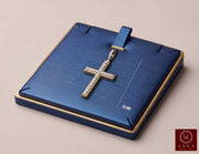 10K yellow gold 0.50 CTW natural diamond cross pendant on luxury blue leather display tray by Veka Jewelry