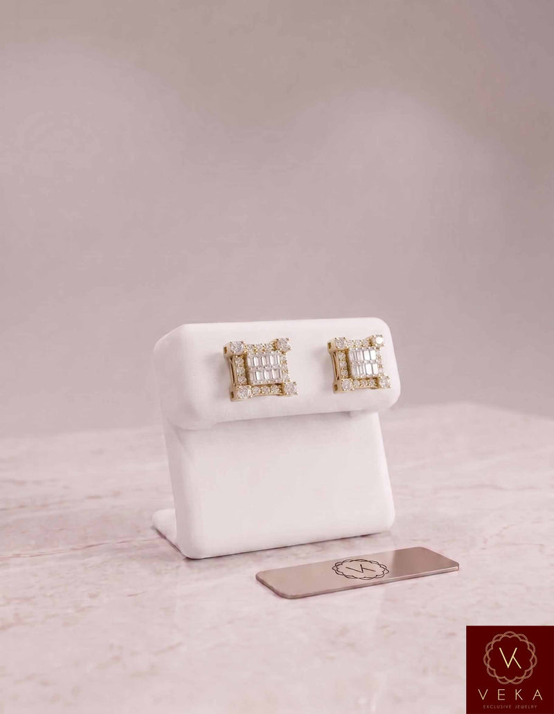 Veka Jewelry 10K yellow gold 0.78 CTW diamond square stud earrings on a premium white luxury display stand