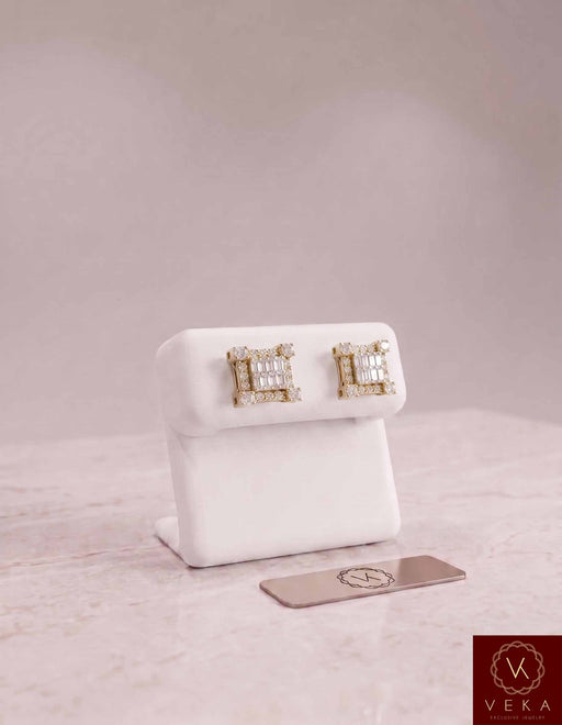 Veka Jewelry 10K yellow gold 0.78 CTW diamond square stud earrings on a premium white luxury display stand