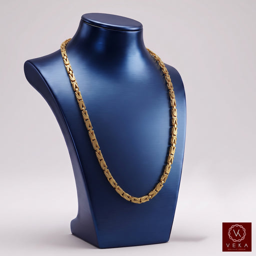 10K yellow gold 3mm byzantine chain necklace displayed on a metallic blue jewelry bust by Veka Jewelry.