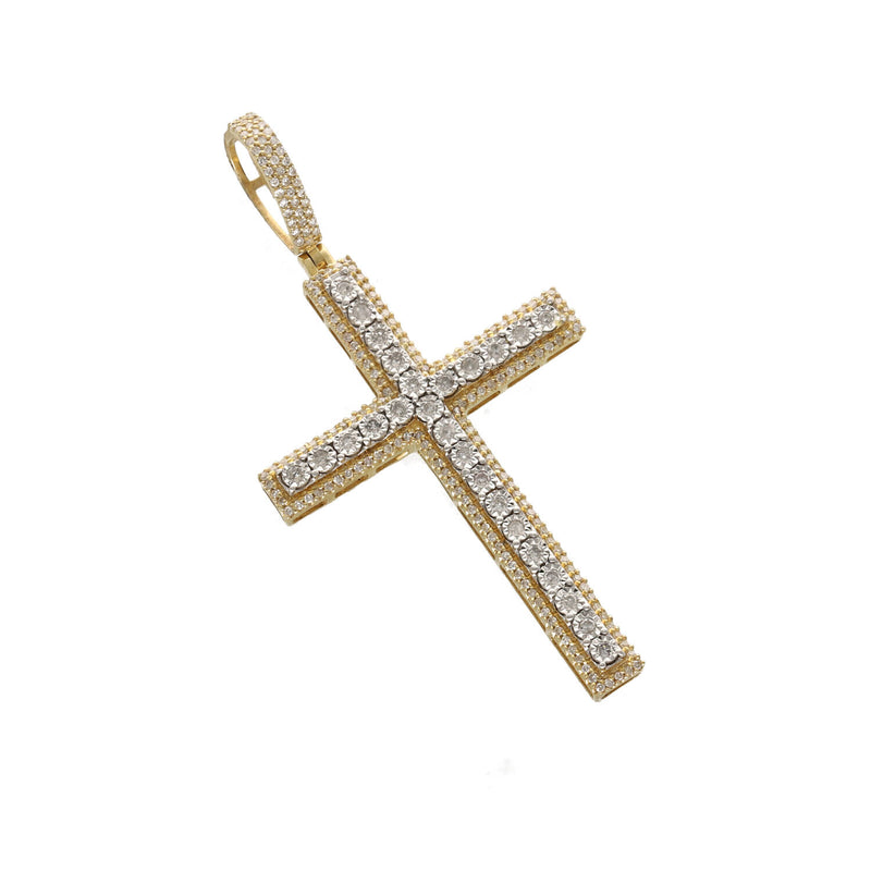 Side profile view of 10K yellow gold natural diamond cross charm showing thickness and bail opening