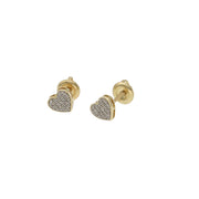 Pair of 10K yellow gold heart-shaped stud earrings micro-paved with 0.12 ctw natural diamonds, fine jewelry by Veka Jewelry