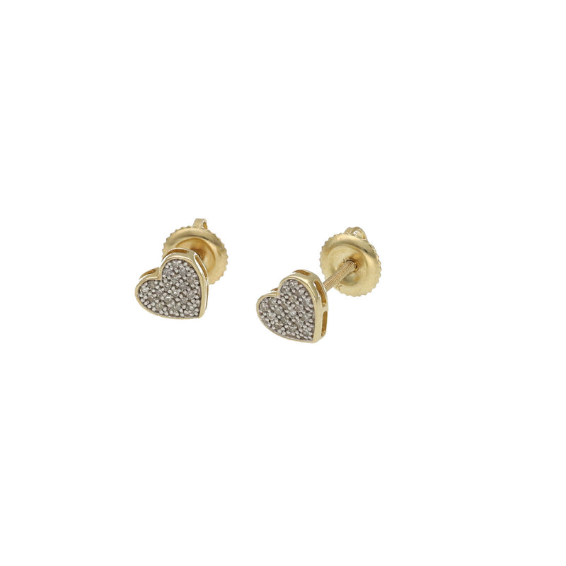 Pair of 10K yellow gold heart-shaped stud earrings micro-paved with 0.12 ctw natural diamonds, fine jewelry by Veka Jewelry