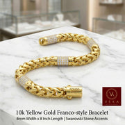8mm 10k yellow gold Franco-style bracelet with three Swarovski stone pave barrels on a white marble surface, Veka Jewelry collection